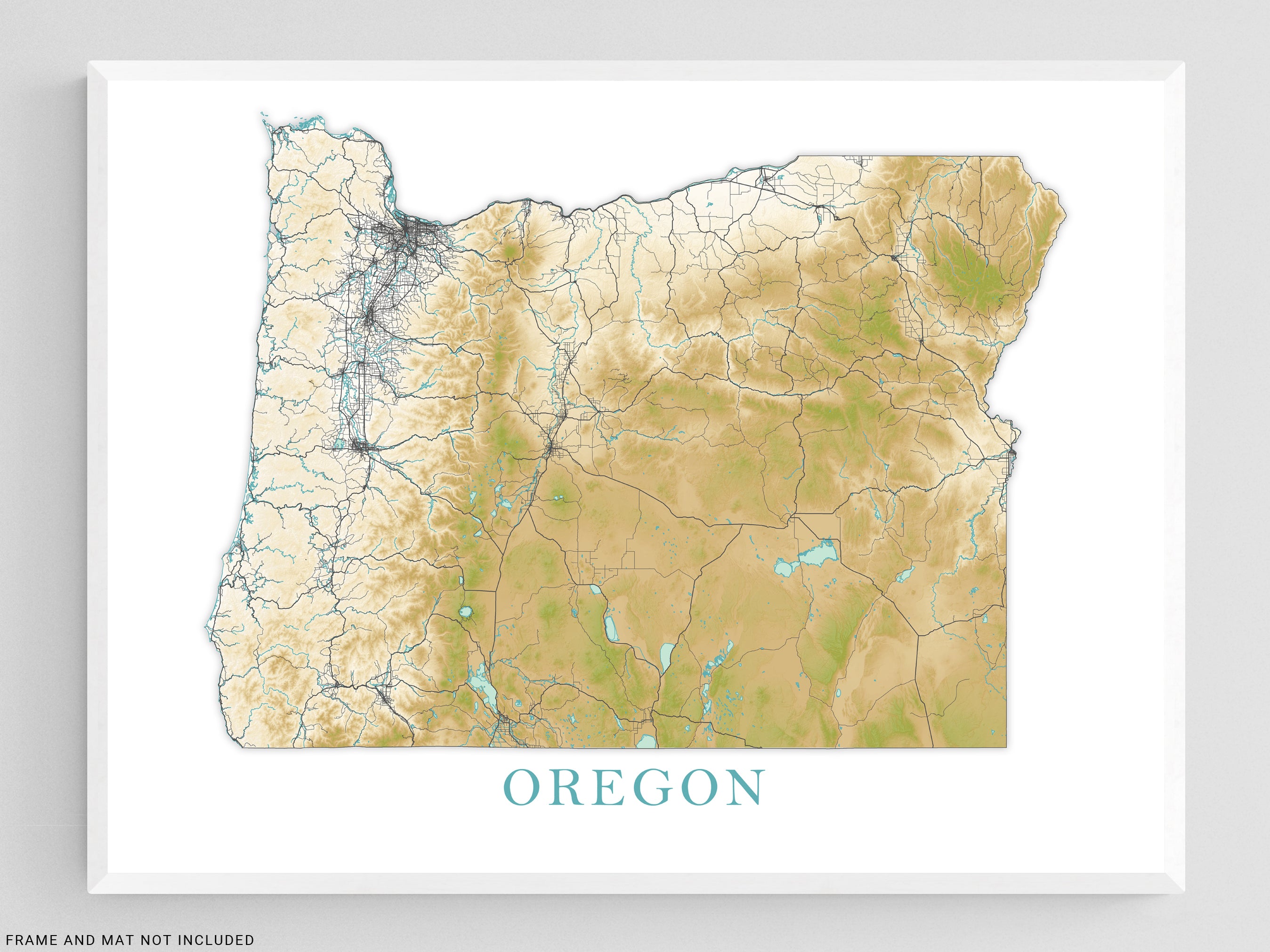 Oregon State Wall Art Map Print Poster, Topographic Landscape Road Map ...
