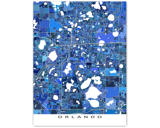 Orlando, Florida map art print in blue shapes designed by Maps As Art.