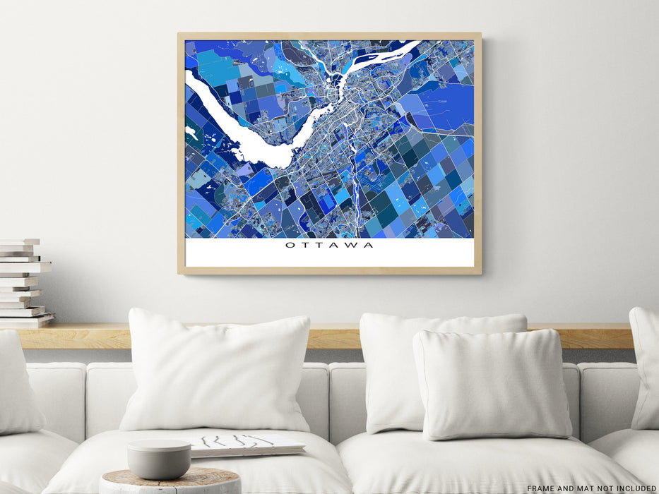Ottawa, Ontario, Canada map print with a blue geometric design by Maps As Art.