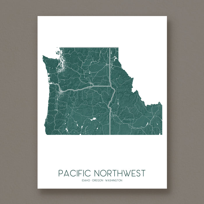 Map poster of the Pacific Northwest region on a white background