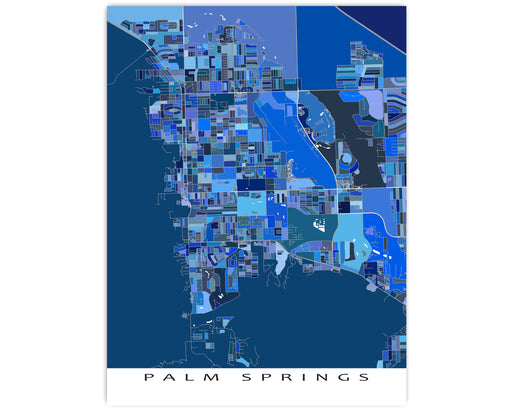 Palm Springs, California map art print in blue shapes designed by Maps As Art.