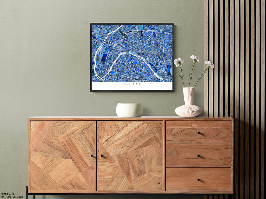 Paris, France map art print in blue shapes designed by Maps As Art.