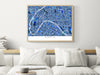 Paris, France map art print in blue shapes designed by Maps As Art.