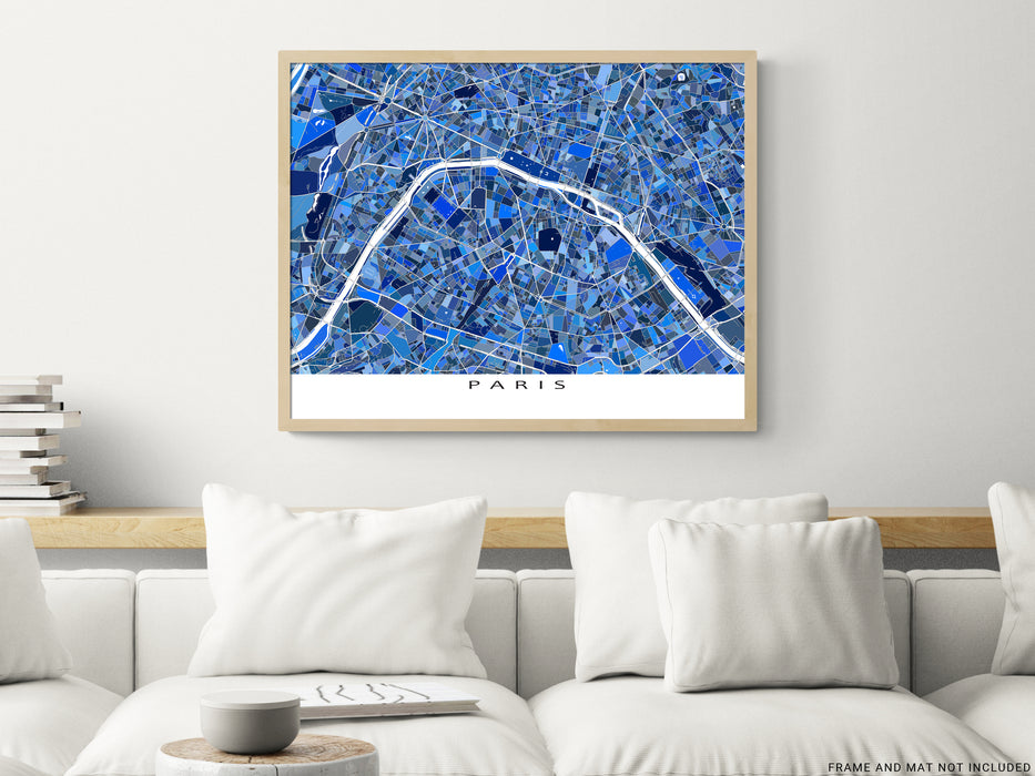 Paris France city map print with a blue geometric design by Maps As Art.