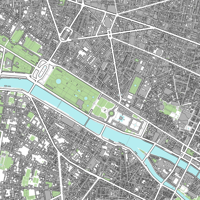Map of a Paris city layout with roads, parks, and waterways.