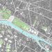 Map of a Paris city layout with roads, parks, and waterways.