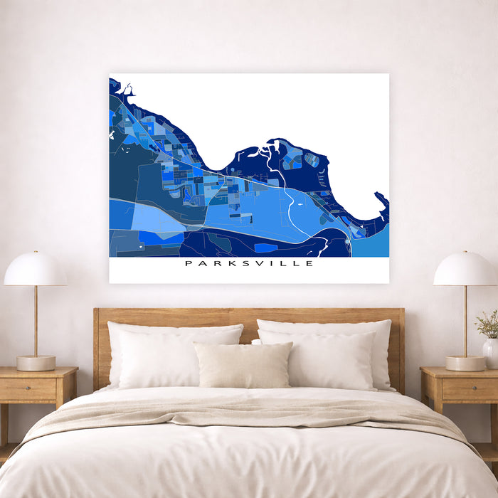 Parksville BC Canada City Map Print: Blue Geometric Wall Art Poster, Vancouver Island