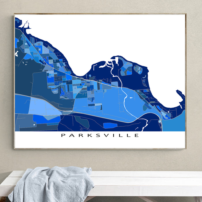 Parksville BC Canada City Map Print: Blue Geometric Wall Art Poster, Vancouver Island