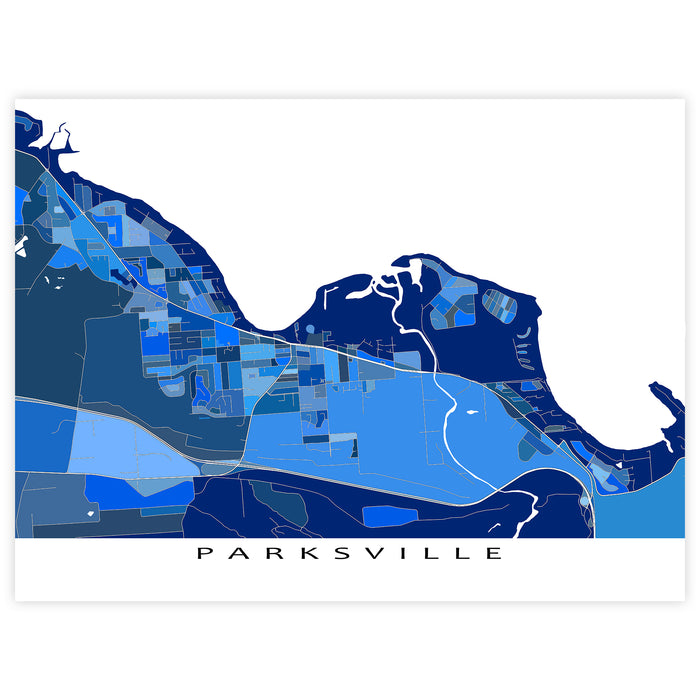 Parksville BC Canada City Map Print: Blue Geometric Wall Art Poster, Vancouver Island