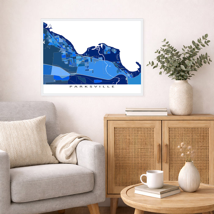 Parksville BC Canada City Map Print: Blue Geometric Wall Art Poster, Vancouver Island