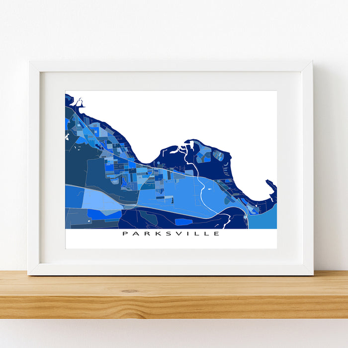 Parksville BC Canada City Map Print: Blue Geometric Wall Art Poster, Vancouver Island