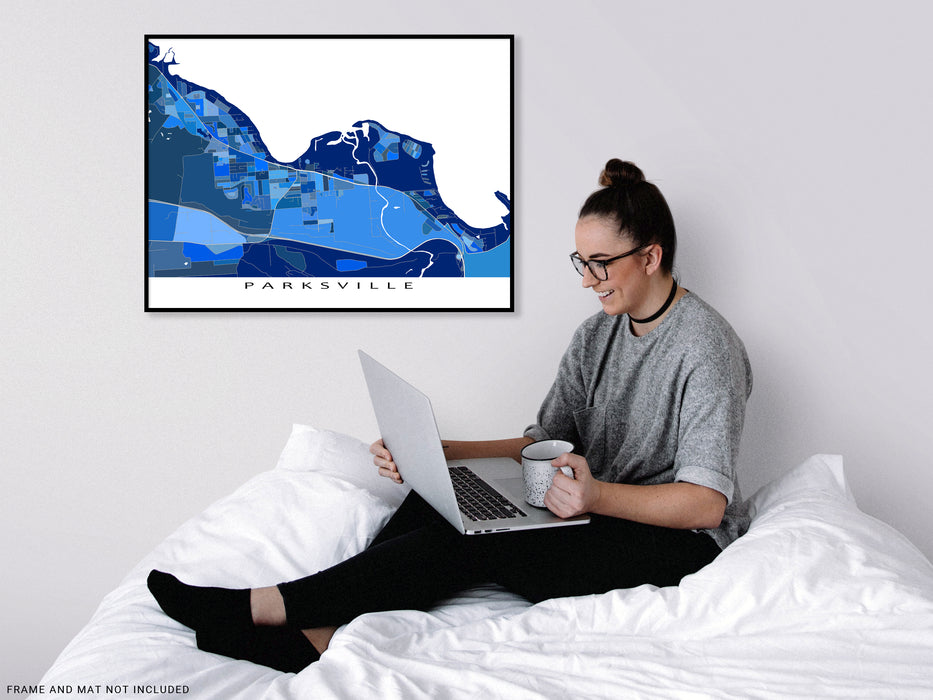 Parkville, Vancouver Island BC Canada map print poster with a blue geometric design by Maps As Art.