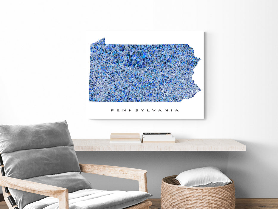 Pennsylvania state map art print in blue shapes designed by Maps As Art.