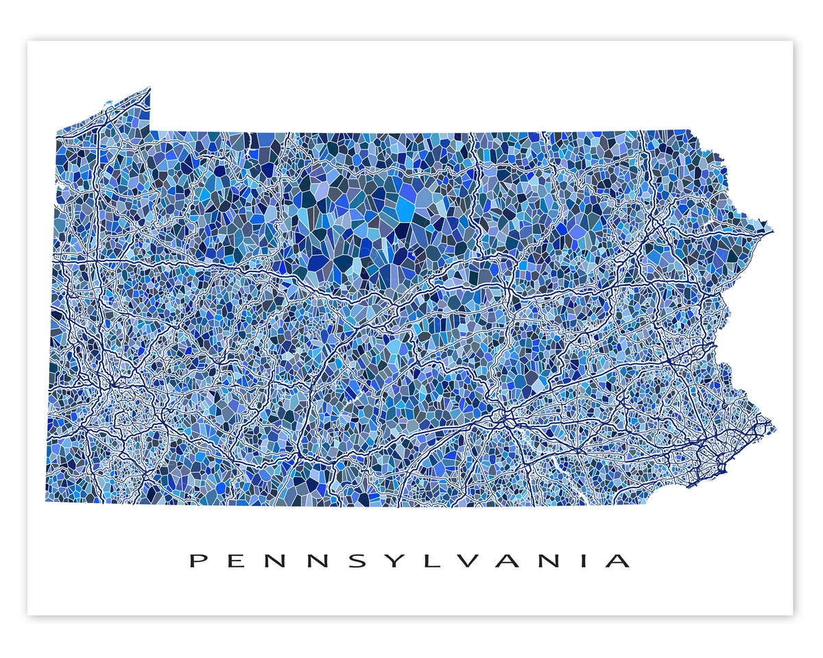 Pennsylvania Map Print Poster with Blue Geometic Design, USA Road Maps ...