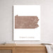Map of Pennsylvania on a white wall above a wooden shelf.