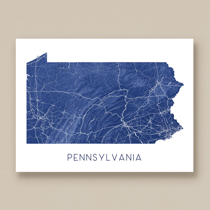 Map of Pennsylvania with blue topography details on a white background