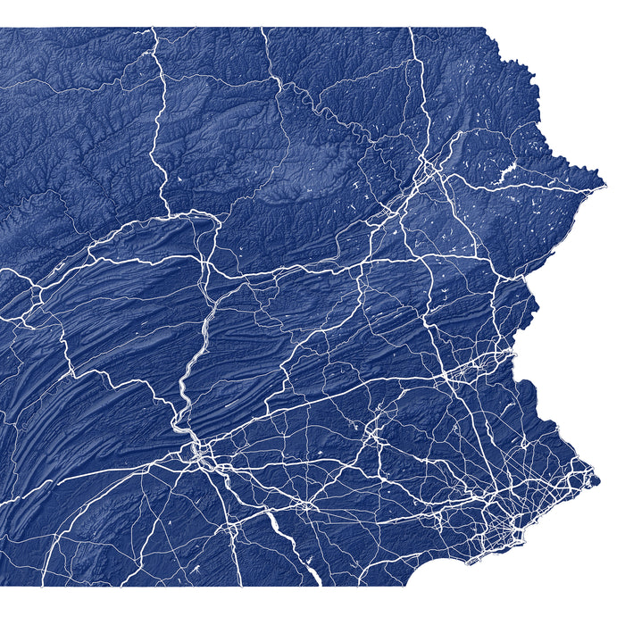 Topographic map of a region with detailed terrain lines on a blue background