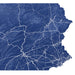 Topographic map of a region with detailed terrain lines on a blue background
