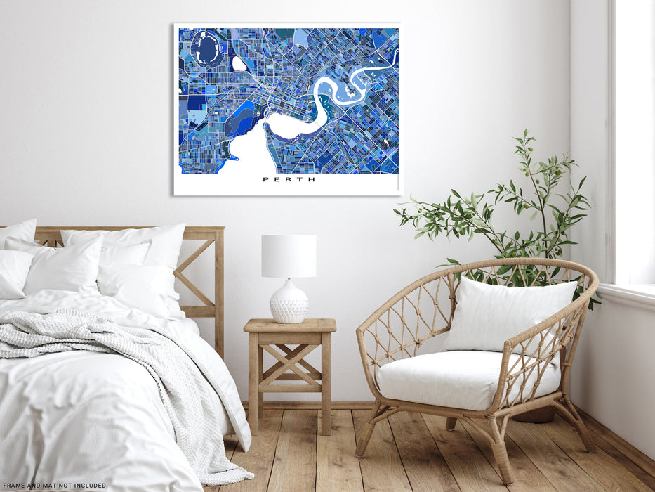 Perth, Australia map art print in blue shapes designed by Maps As Art.