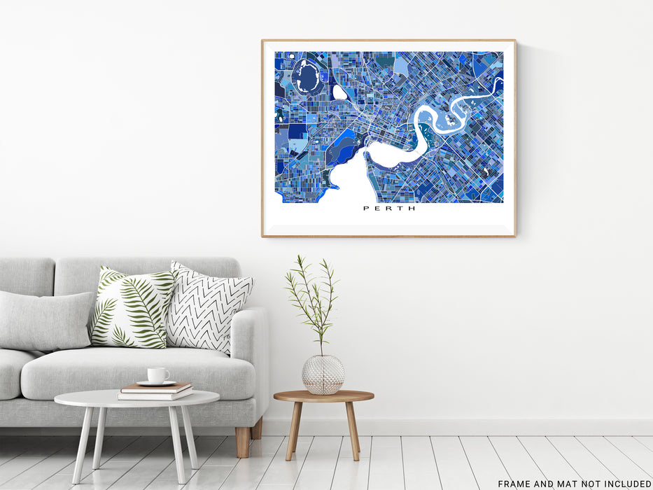 Perth, Australia map art print in blue shapes designed by Maps As Art.