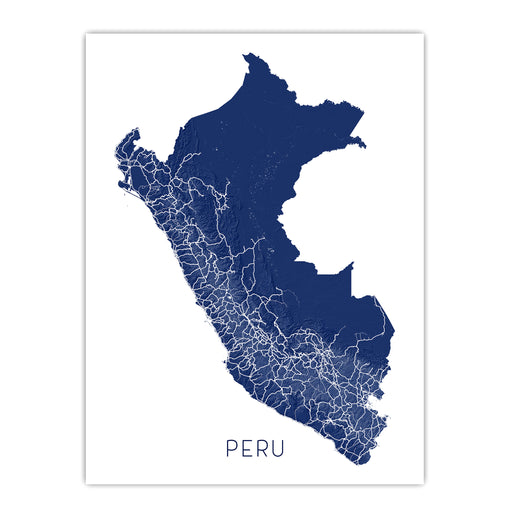 Map of Peru in blue with white roads on a white background
