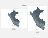 Two maps of Peru in slate color with different orientations on a white background.