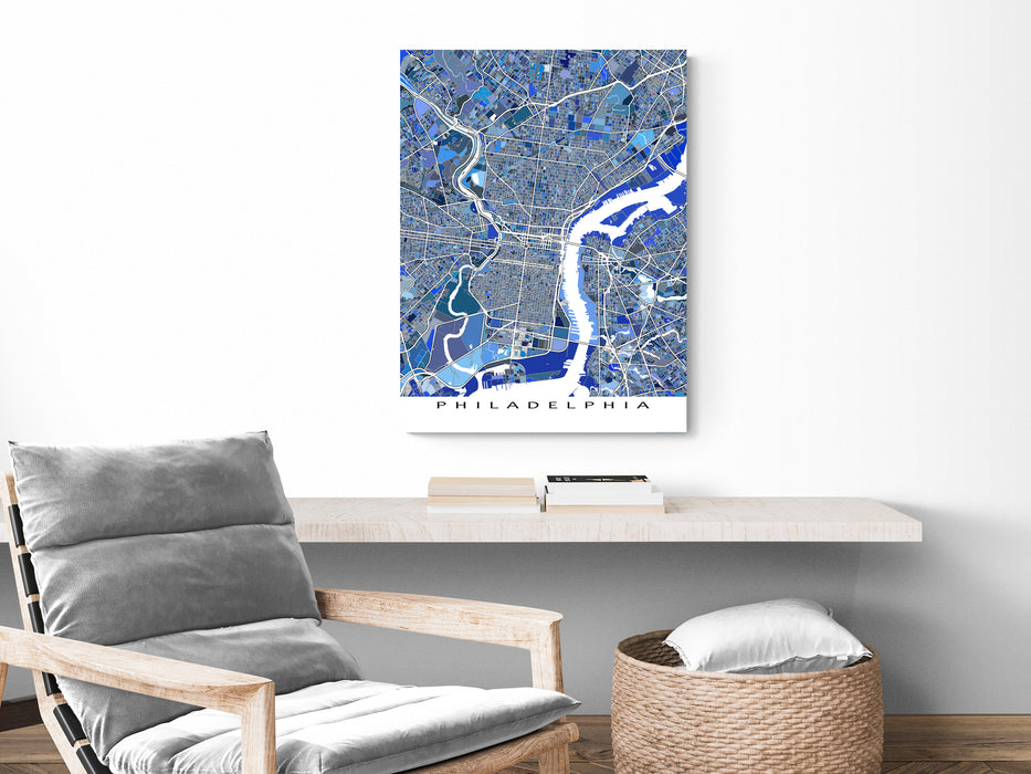 Philadelphia, Pennsylvania map art print in blue shapes designed by Maps As Art.