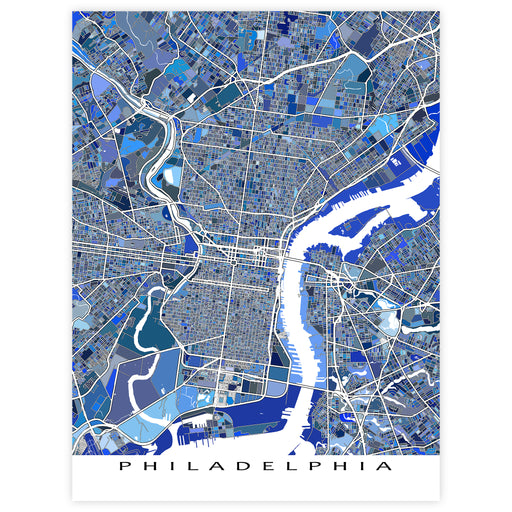 Map of Philadelphia in blue and gray on a white background