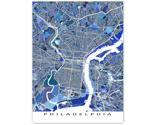 Philadelphia, Pennsylvania map art print in blue shapes designed by Maps As Art.