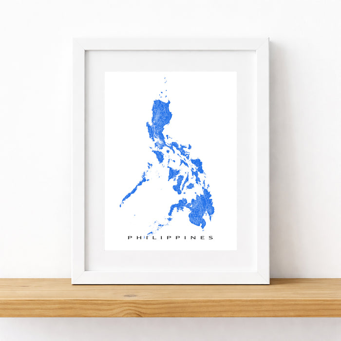 Framed map of the Philippines with blue watercolor design on a white background