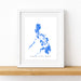 Framed map of the Philippines with blue watercolor design on a white background
