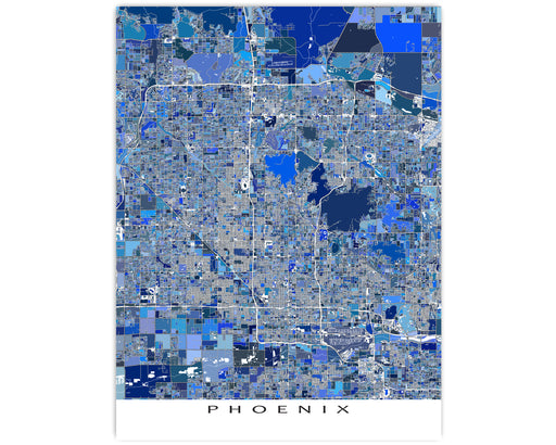Phoenix, Arizona map art print in blue shapes designed by Maps As Art.