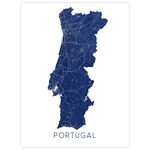 Map of Portugal with roads and cities in blue on a white background