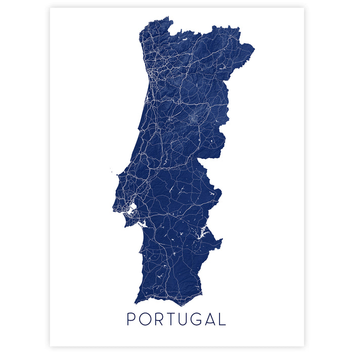 Map of Portugal with roads and cities in blue on a white background