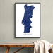 Framed map of Portugal on a wall above a wooden bench.