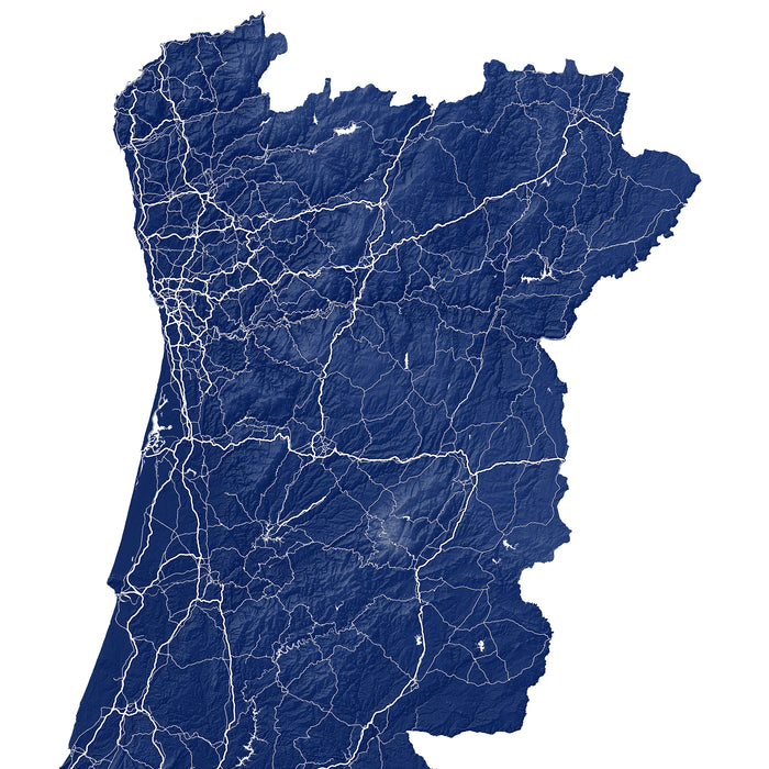 Map of Portugal with roads and boundaries in blue on a white background
