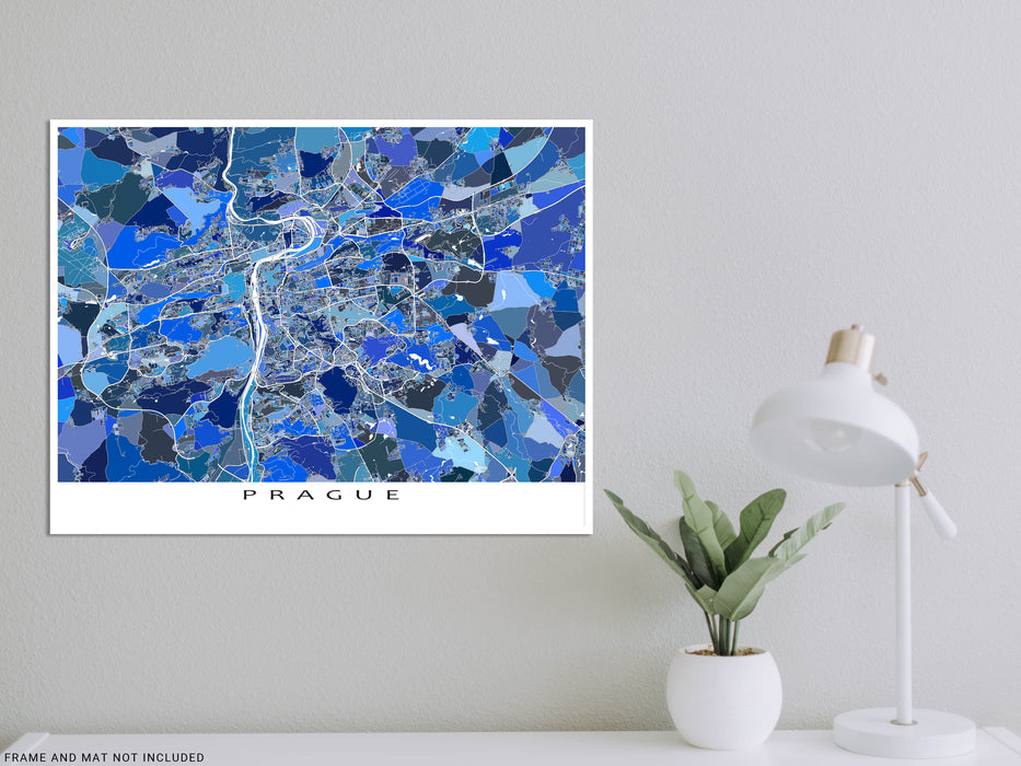 Prague Czech Republic city map print with a blue abstract design by Maps As Art.