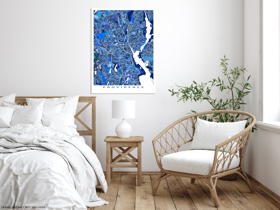 Providence, Rhode Island map art print in blue shapes designed by Maps As Art.