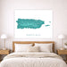 Framed map of Puerto Rico on a wall above a bed with wooden headboard and nightstands.