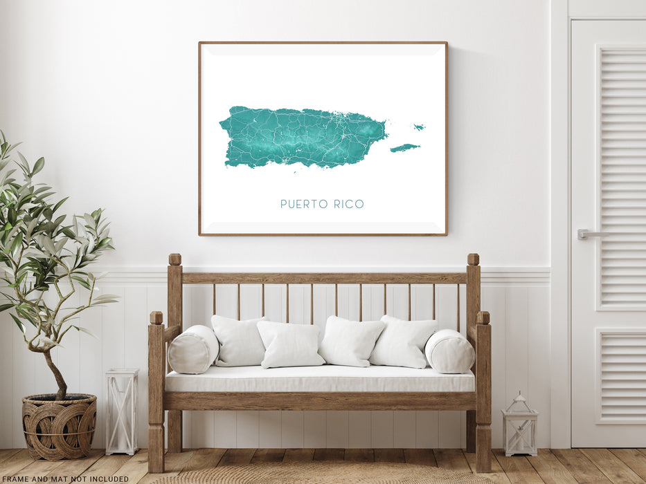 Puerto Rico island map print with a turquoise landscape design by Maps As Art.