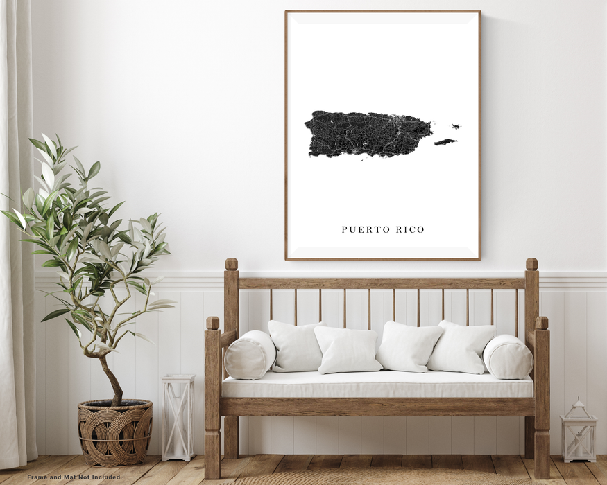 Puerto Rico island map print with a black and white topographic landscape design by Maps As Art.