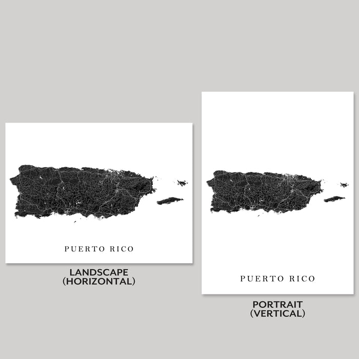 Two maps of Puerto Rico, one landscape and one portrait, on a gray background.