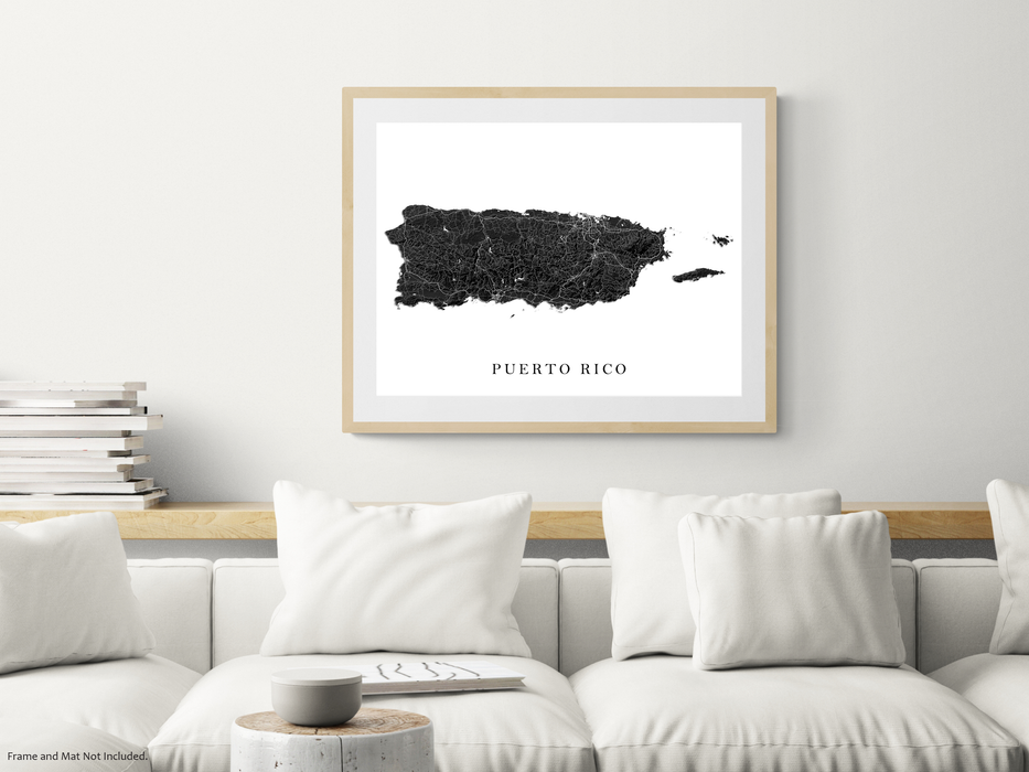 Puerto Rico island map print with a black and white topographic landscape design by Maps As Art.