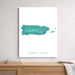 Map of Puerto Rico in teal color on a white background, framed and displayed on a wall.
