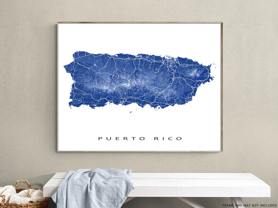 Puerto Rico map print with natural island landscape and main roads designed by Maps As Art.