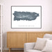 Framed map of Puerto Rico on a wall above a wooden cabinet and sofa.