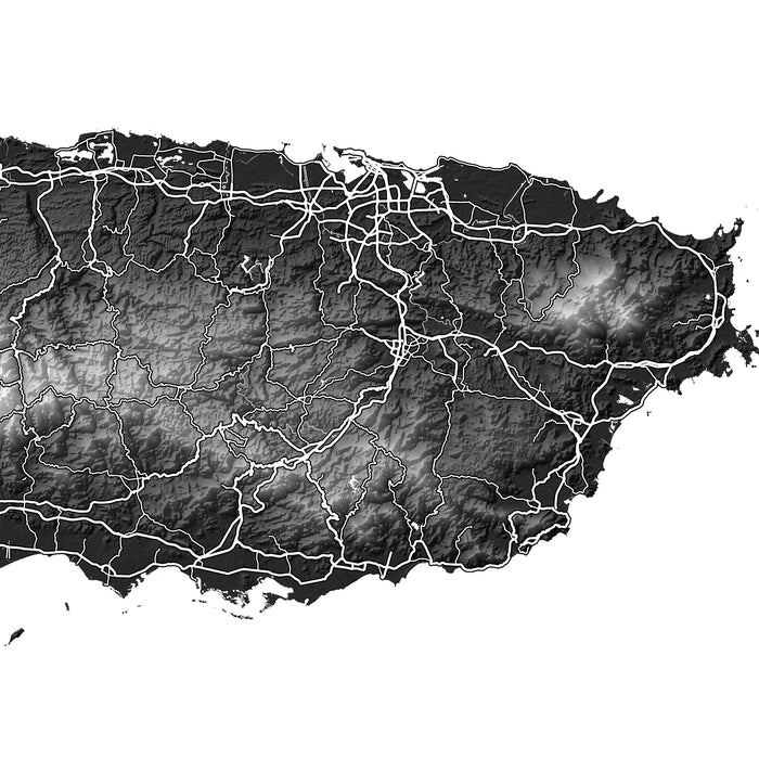 Map of Puerto Rico island with roads and regions highlighted in black and white.