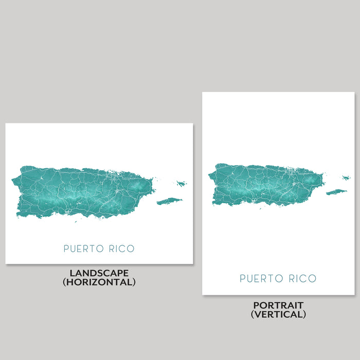 Two maps of Puerto Rico, one in landscape and one in portrait orientation, on a gray background.