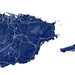 Map of a region with roads and topography in blue on a white background
