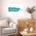Living room with a gray sofa, wooden cabinet, and a framed map of Puerto Rico on the wall.